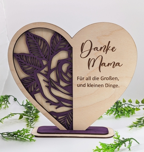 Herz aus Holz, mit farbigen Akzent, Herz mit Rose, Holzherz mit Spruch, mit Personalisierung, Geschenk zum Muttertag, Geschenk für Mama